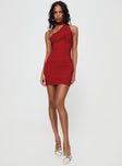 front view of model wearing Princess Polly Corentine Mini Dress Red Asymmetric Neckline 