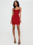 front view of model wearing Princess Polly Setsuko Mini Dress Red Sweetheart Neckline 