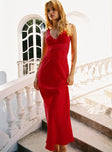 side view of model wearing Princess Polly Karlotta Lace Bias Maxi Dress Red Plunger 