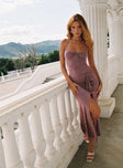 side view of model wearing Princess Polly Destinations Maxi Dress Mauve Sweetheart Neckline 