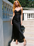 front view of model wearing Princess Polly Jorjette Lace Maxi Dress Black Plunger 