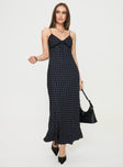 front view of model wearing Princess Polly Emily Maxi Dress Black Polka Dot V-Neck 