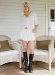 Front view of model wearing  front Princess Polly Three Fourth Sleeves High Neck  Bennie Shirt White