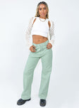 front view of model wearing Princess Polly Lester Mom Jeans Sage Green Mid Rise 