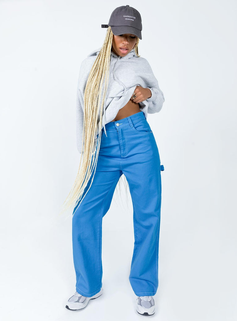 front view of model wearing Princess Polly Leisure Straight Leg Jeans Blue High Waisted 