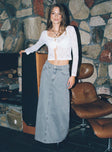 Front view of model wearing  front McGuane Denim Midi Skirt Tall Princess Polly  Maxi 