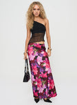   side view of model wearing Princess Polly Joder Maxi Skirt Purple Floral Maxi 