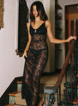 front view of model wearing Princess Polly Dynamo Sheer Lace Maxi Dress Black Scoop Neck 