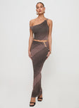 front view of model wearing Princess Polly Rios One Shoulder Top Brown Stripe Sleeveless Asymmetric Neckline 