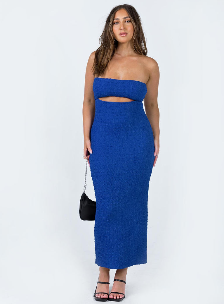 Front view of model wearing  front Princess Polly Square Neck  Talena Strapless Midi Dress Blue