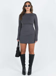 front view of model wearing Princess Polly Gatewood Long Sleeve Mini Dress Slate 