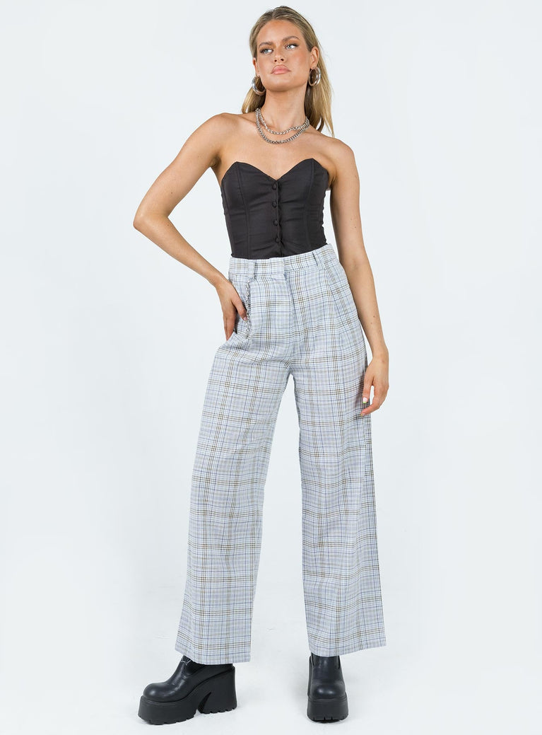 Front view of model wearing  front Princess Polly High Waisted Pants High Waisted Pants  Sebastian Pant Blue Plaid