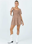 Front view of model wearing  front Princess Polly High Neck  Summer Nights Mini Dress Brown Floral