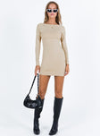 Long sleeve mini dress High neck Open low cut back Good stretch Unlined