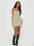 side view of model wearing Princess Polly Flow Strapless Mini Dress Sage Straight Neck 