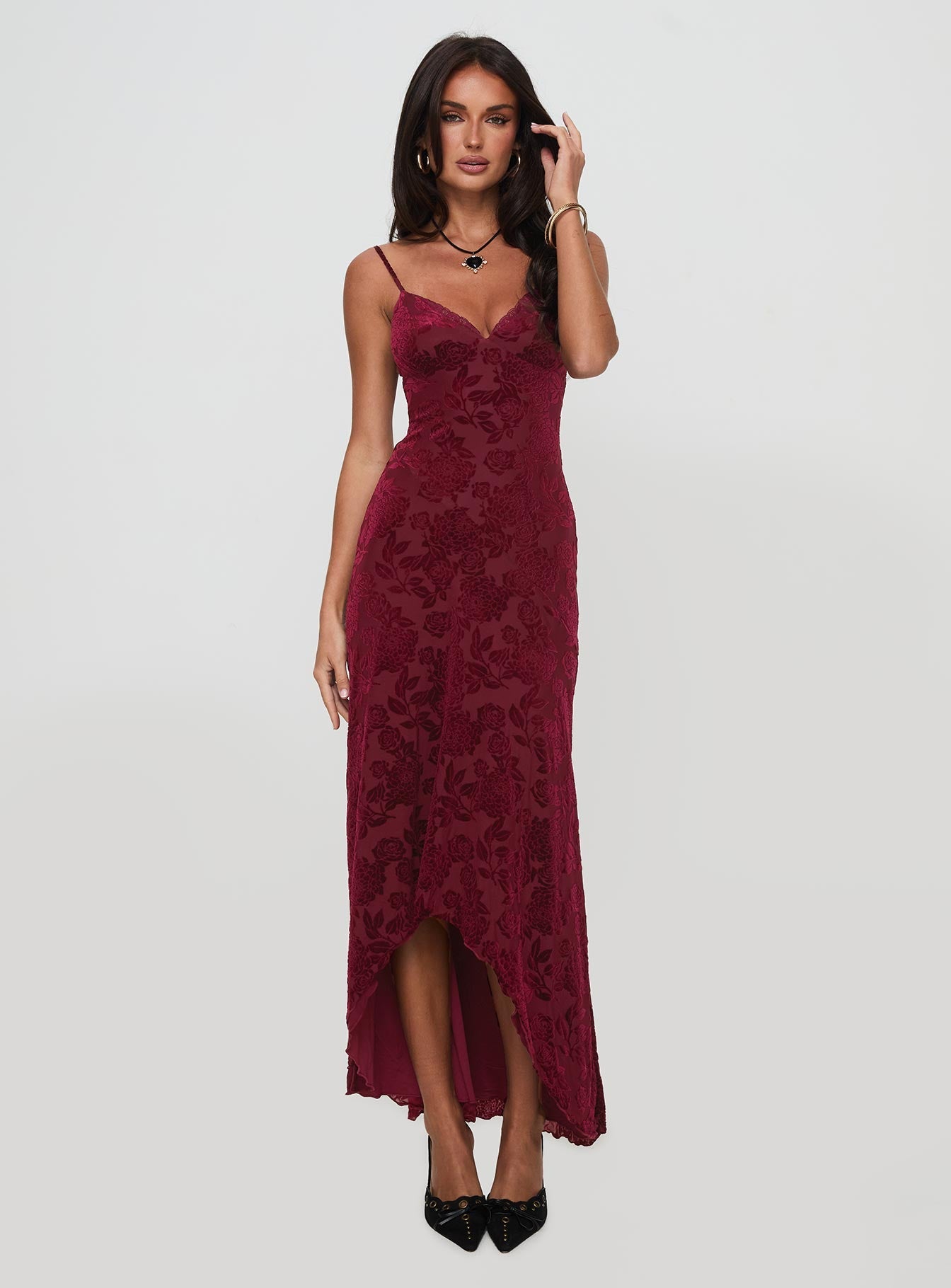 Shop Formal Dress - Rumours Slippy Burnout Maxi Dress Burgundy sixth image