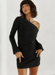 front view of model wearing Princess Polly Holveck Off The Shoulder Mini Dress Black Asymmetric Neckline 