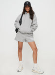 front view of model wearing Princess Polly Princess Polly Hooded Sweatshirt Puff Text Grey 