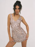 front view of model wearing Princess Polly Zuba Mini Dress Leopard V-Neck 