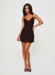 front view of model wearing Princess Polly Karena Mini Dress Black / Red Floral Plunger 