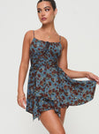 front view of model wearing Princess Polly Barrett Mini Dress Blue / Floral Square Neck 