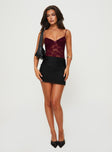 front view of model wearing Princess Polly Pennard Lace Bodysuit Wine Sleeveless 