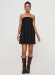 front view of model wearing Princess Polly Osment Strapless Mini Dress Black Straight Neck 