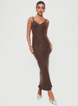 front view of model wearing Princess Polly Laurette Maxi Dress Brown Plunger 