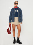 Denim bomber jacket Pointed collar, zip fastening down front, twin hip pockets, single button cuff