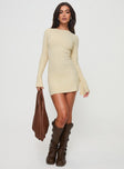 front view of model wearing Princess Polly Osment Long Sleeve Knit Mini Dress Cream High Neck 