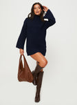 Front view of model wearing  front Princess Polly High Neck  Tarin Knit Mini Dress Navy