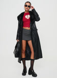 Faux leather longline coat Faux fur colour, twin hip pockets, button & belt fastening at waist Non-stretch material, fully lined 