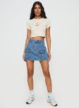   front view of model wearing Princess Polly Chillders Denim Mini Skirt Mid Wash Tall Mini Skirts 