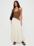 front view of model wearing Princess Polly Marvin Halter Top Brown Sleeveless V-Neck 