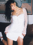 Front view of model wearing  front Princess Polly Sweetheart Neckline  Ashwood Lace Sleeve Mini Dress White Petite