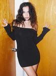 Front view of model wearing  front Princess Polly Asymmetric Neckline  Parisa Long Sleeve Mini Dress Black Petite