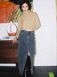 Front view of model wearing  front Batkins Maxi Skirt Dark Wash Denim Petite Princess Polly  