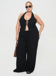 front view of model wearing Princess Polly Felipe Linen Blend Pants Black Curve mid-risedeselected 