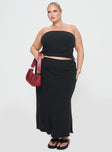 front view of model wearing Princess Polly Birdie Asymmetric Linen Blend Top Black Curve Sleeveless straight 