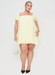 front view of model wearing Princess Polly Beyond Linen Blend Mini Dress Yellow Curve Square Neck 