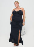 side view of model wearing Princess Polly Destinations Maxi Dress Navy Curve Sweetheart Neckline 