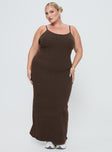 back view of model wearing Princess Polly Kattan Maxi Dress Chocolate Curve Scoop Neck 