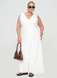 Summer Season Linen Blend Maxi Dress White Curve V-Neck 