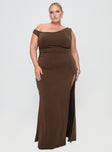 front view of model wearing Princess Polly Rios One Shoulder Maxi Dress Brown Curve Asymmetric Neckline 