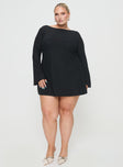 front view of model wearing Princess Polly Lukea Long Sleeve Mini Dress Black Curve Boat Neck 