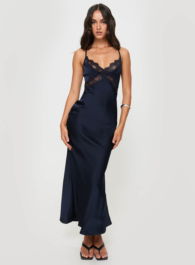 front view of model wearing Princess Polly Treasure Bias Cut Maxi Dress Navy Petite V-Neck 