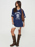 front view of model wearing Princess Polly Michail Jersey Dress Navy V-Neck 