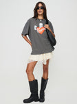 front view of model wearing Princess Polly Kewpie Oversized Tee Washed Black Half Sleeves Crew Neck 