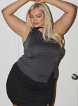 Front view of model wearing  front Princess Polly Sleeveless High Neck  Liotta One Shoulder Top Grey Curve