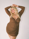 Front view of model wearing  front Princess Polly Asymmetric Neckline  Stassie Mini Dress Brown Curve